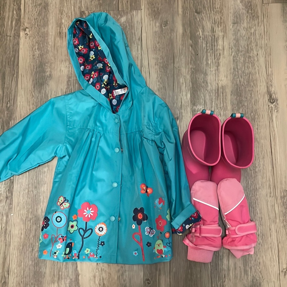 2T light and medium weight rain coat, size 7-8 rain boots 2T water proof mittens